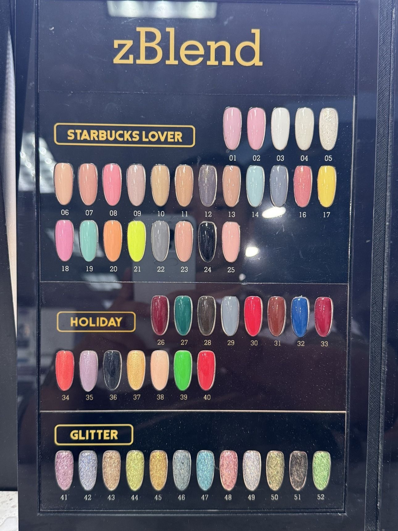 zBlend gel polish chart — Starbucks Lover shades 01 to 25, Holiday shades 26 to 40, and Glitter shades 41 to 52