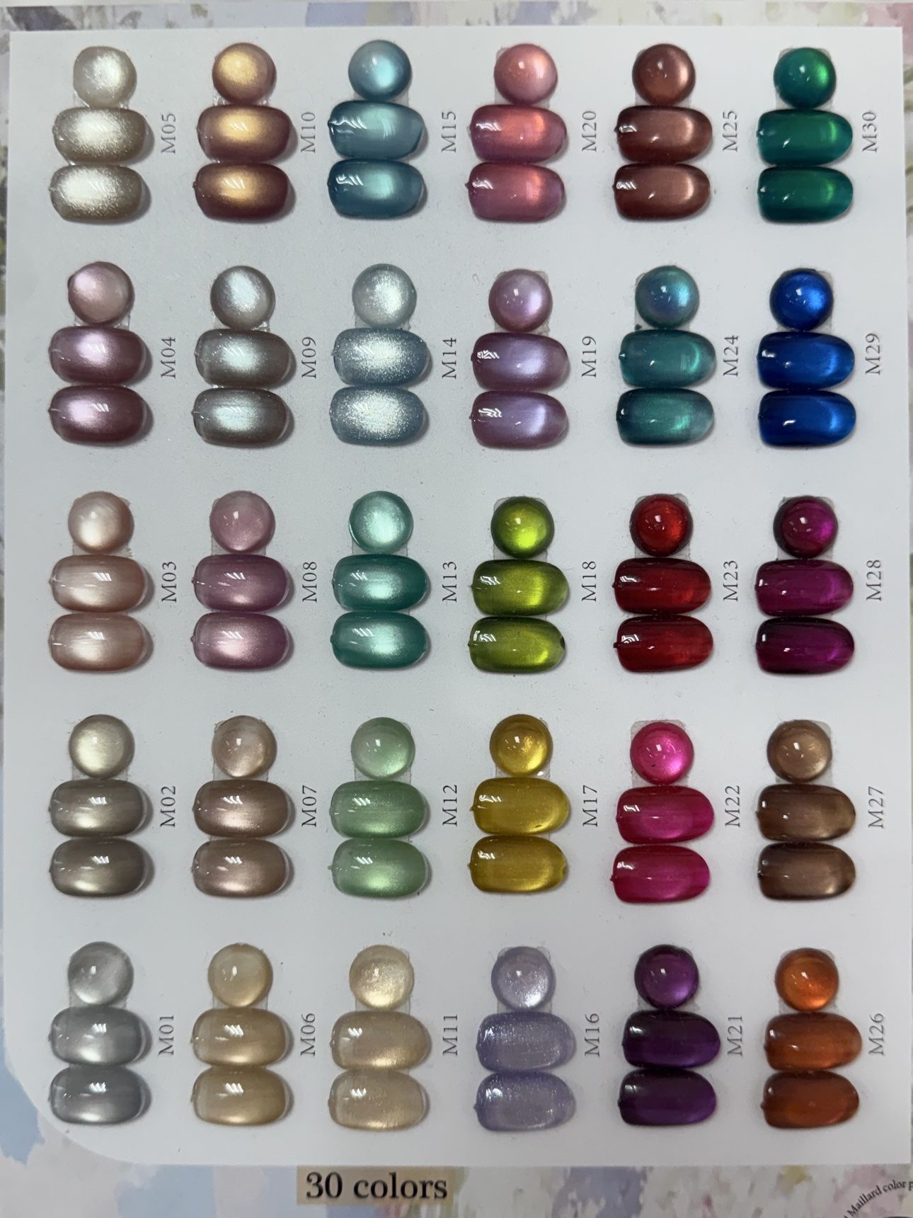 Cat Eye Collection gel polish color chart, shades M01 to M30, 30 colors