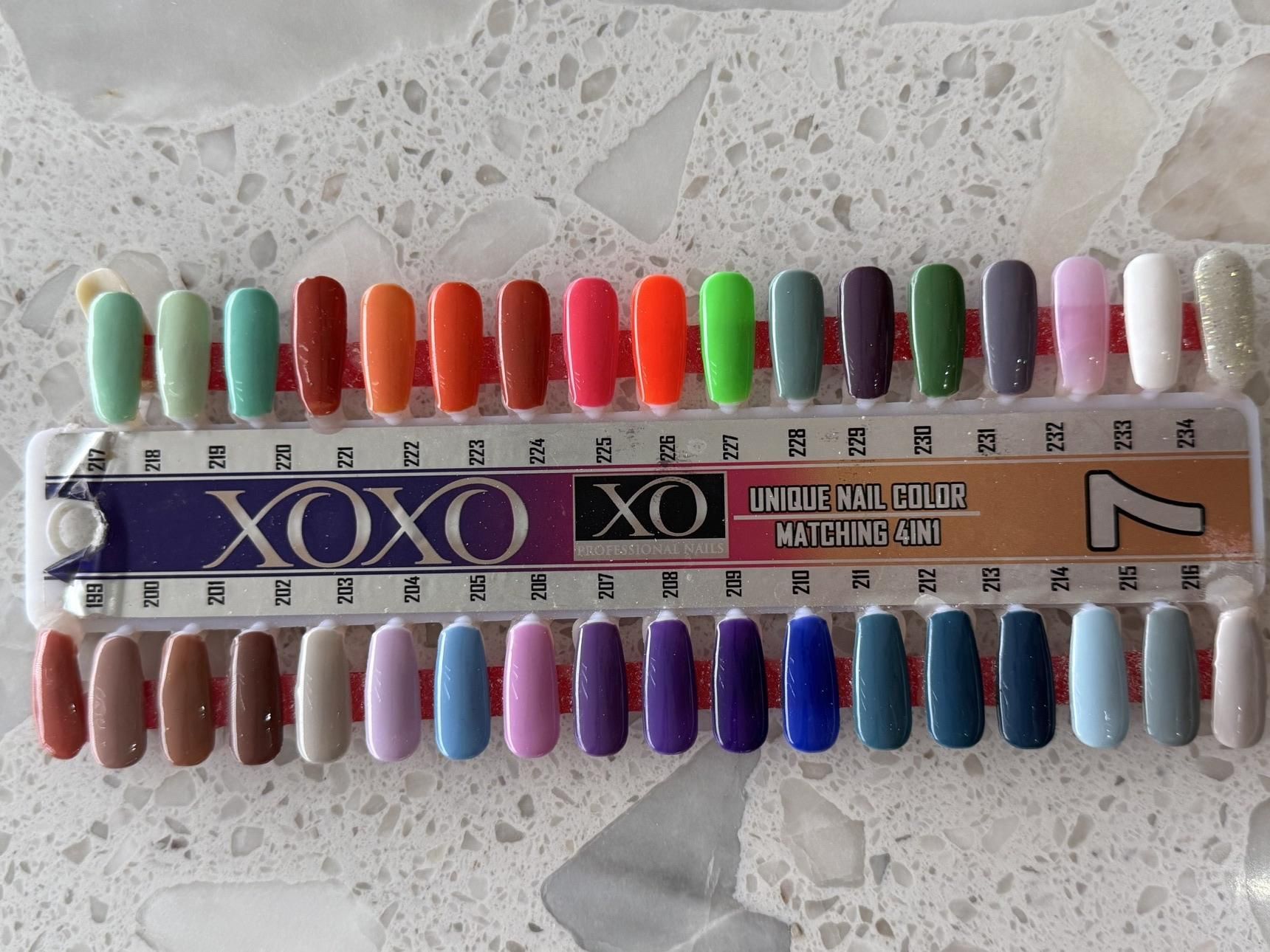 XOXO Unique Nail Color 4in1 chart — Stick 7, shades 199 to 234