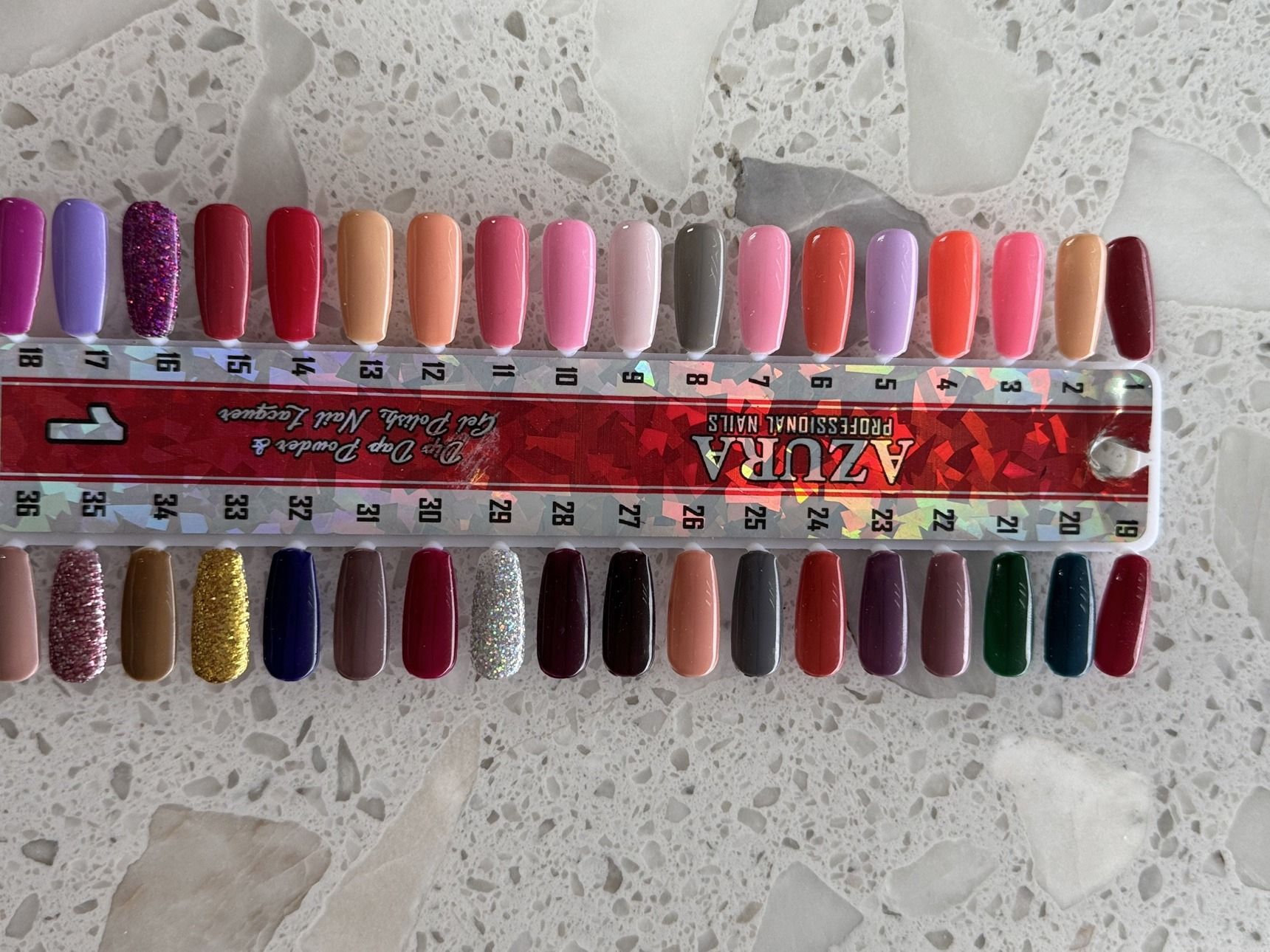 Azura Dip Dap Powder & Gel Polish chart — Stick 1, shades 001 to 036