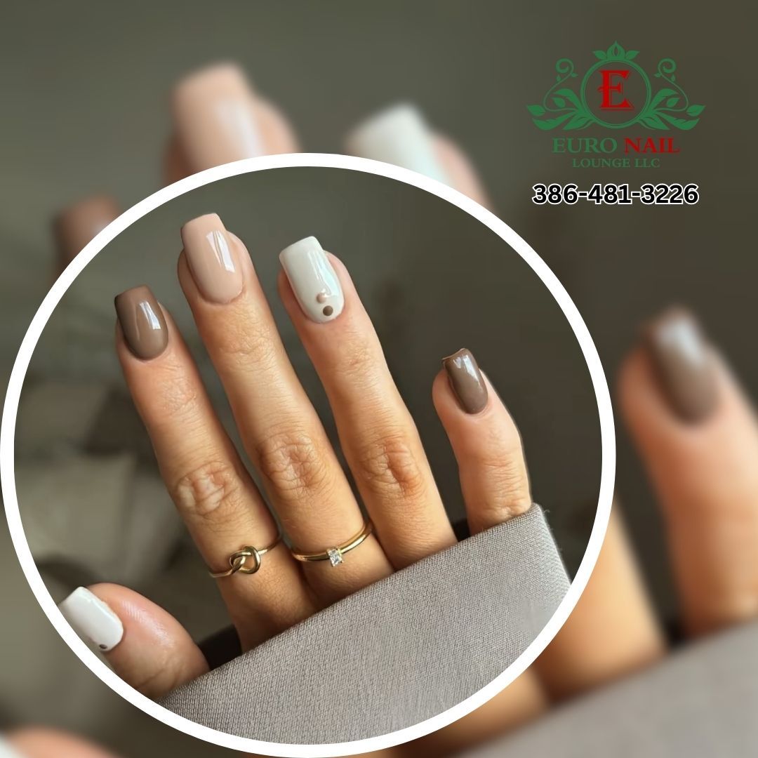 Nude taupe square manicure at Euro Nail Lounge — glossy nude and taupe square nails with a pearl accent nail