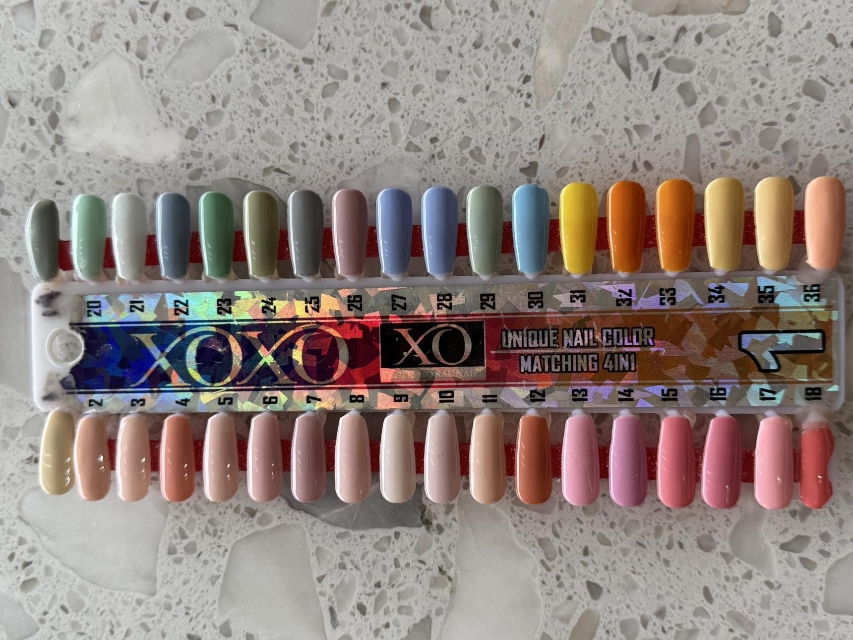 XOXO Unique Nail Color 4in1 chart — Stick 1, shades 001 to 036
