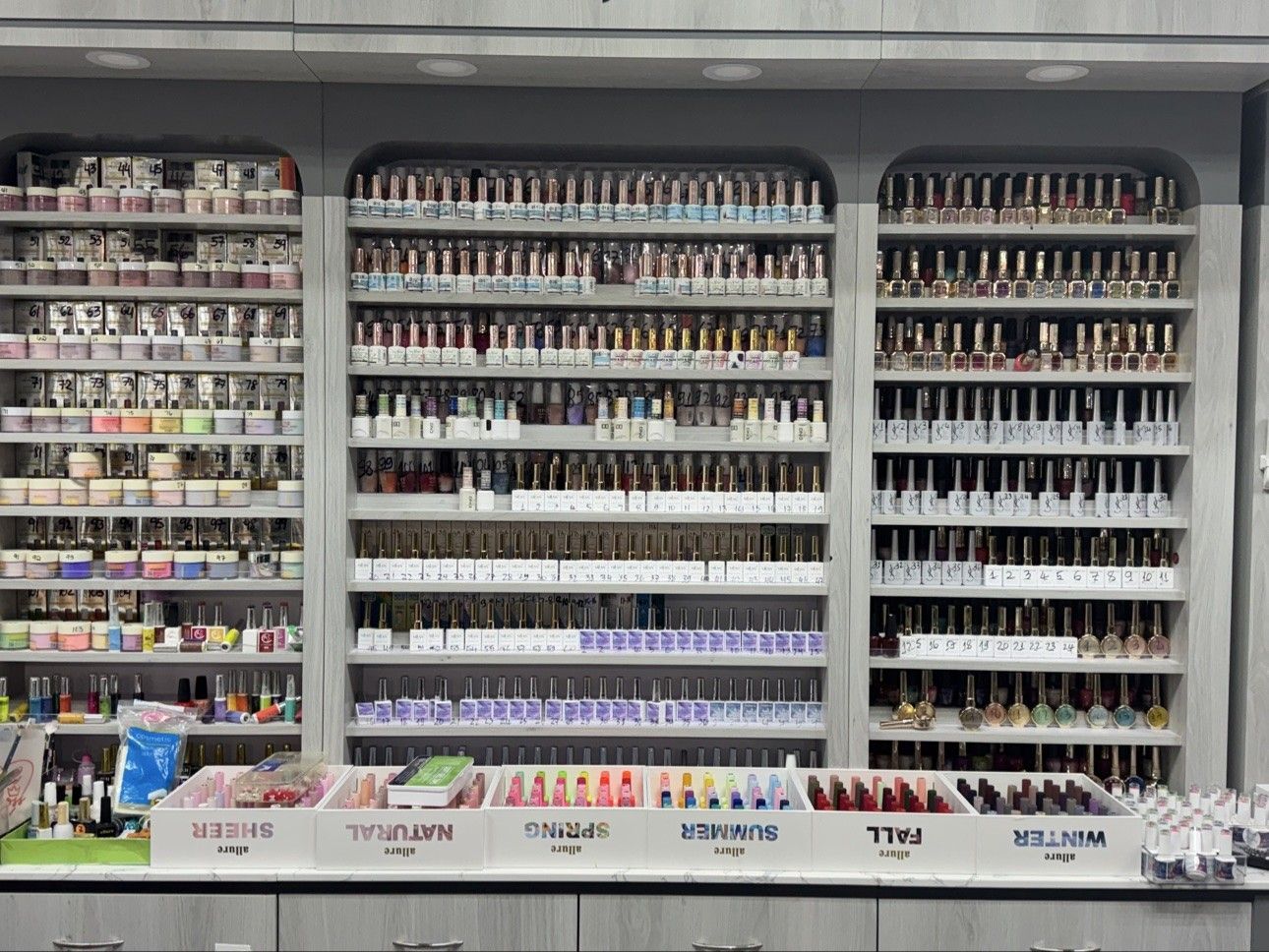 Gel polish wall at Euro Nail Lounge — seasonal gel polish collections on display shelves