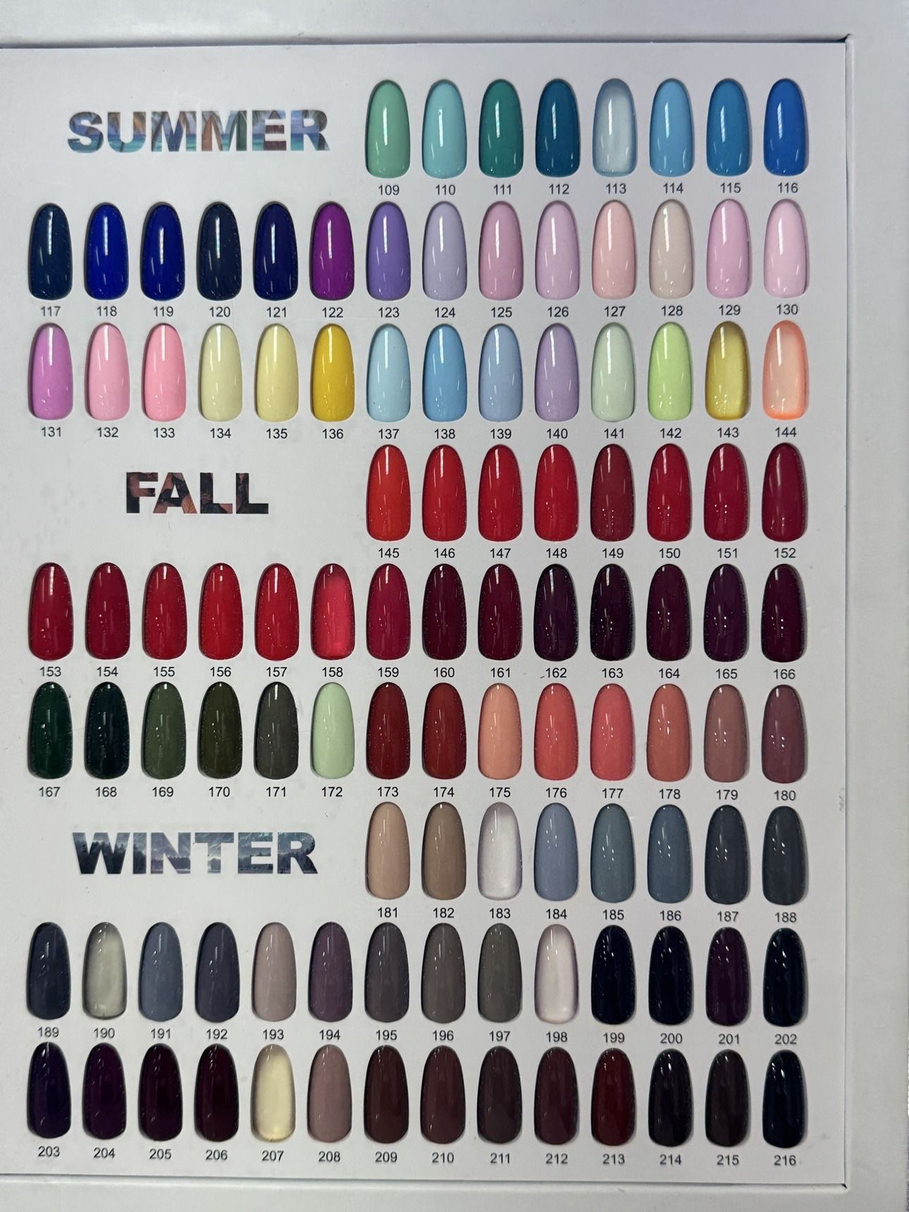 Solid Colors gel polish chart — Summer shades 109 to 144, Fall shades 145 to 180, and Winter shades 181 to 216