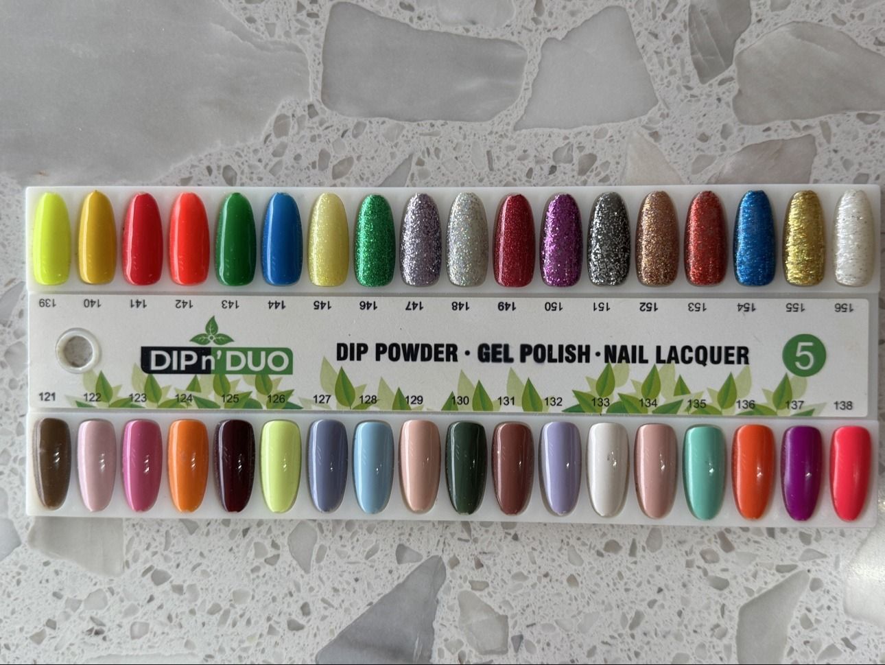 DIP n' DUO dip powder color chart — Stick 5, shades 121 to 156