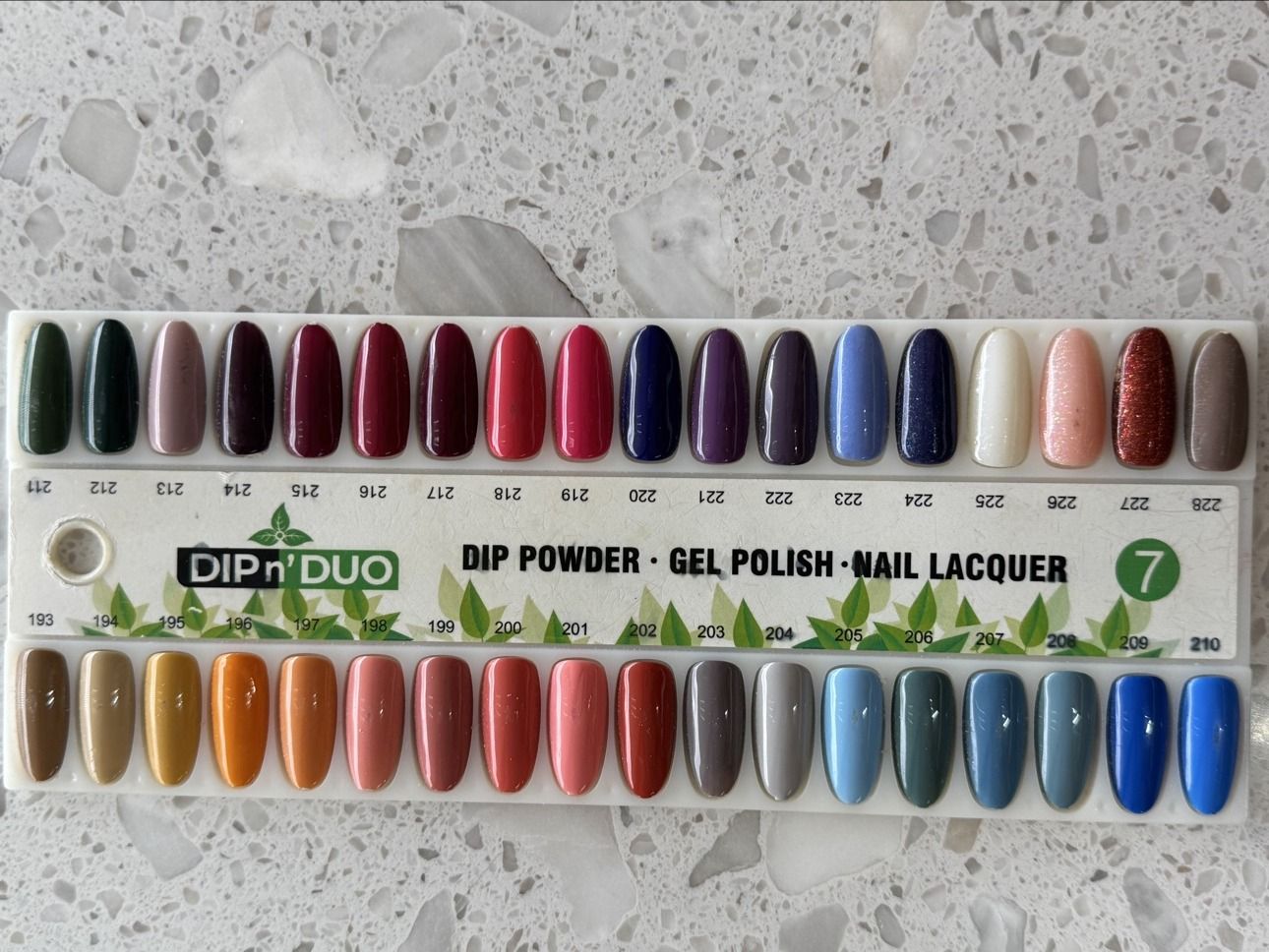 DIP n' DUO dip powder color chart — Stick 7, shades 193 to 228
