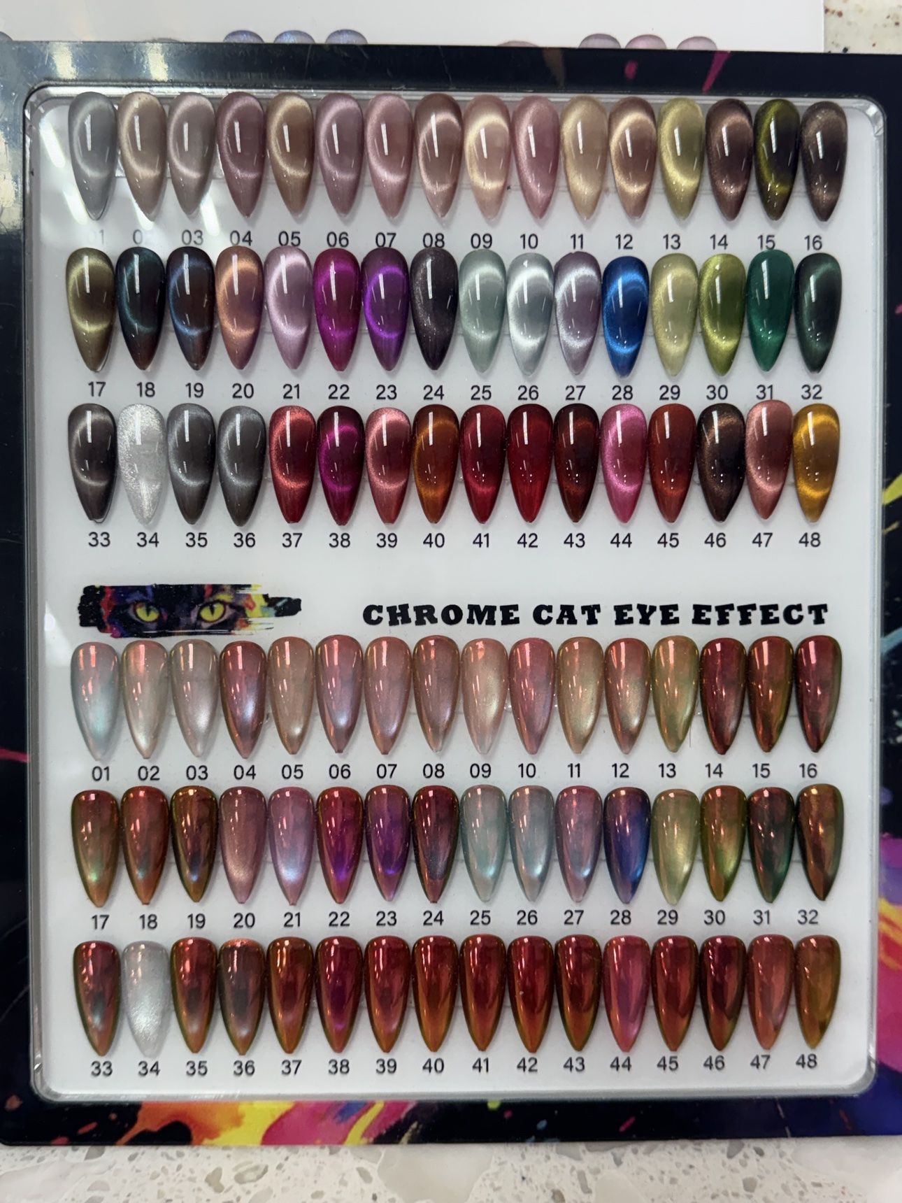 Chrome Cat Eye Effect gel polish color chart with 48 shades