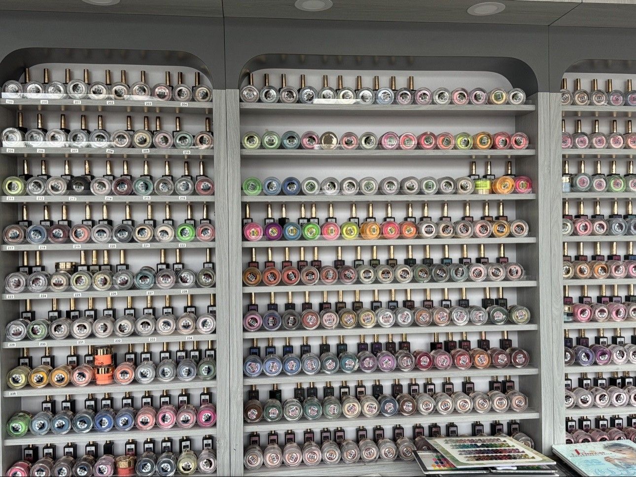 Dip powder collection at Euro Nail Lounge — rows of dip powder jars with gold caps