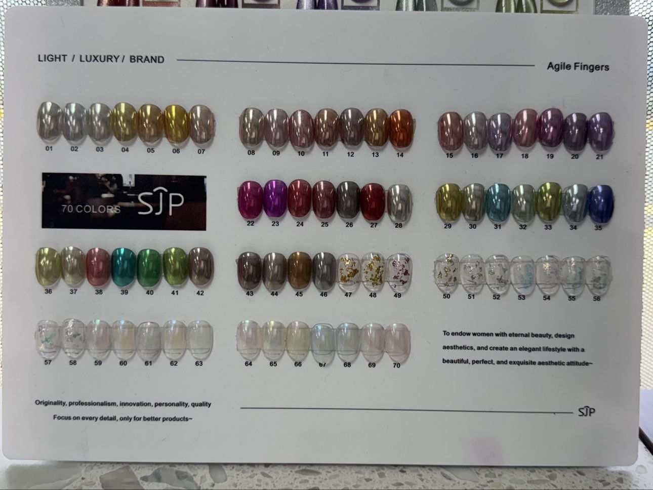 SJP Mirror Chrome gel polish color chart with 70 colors