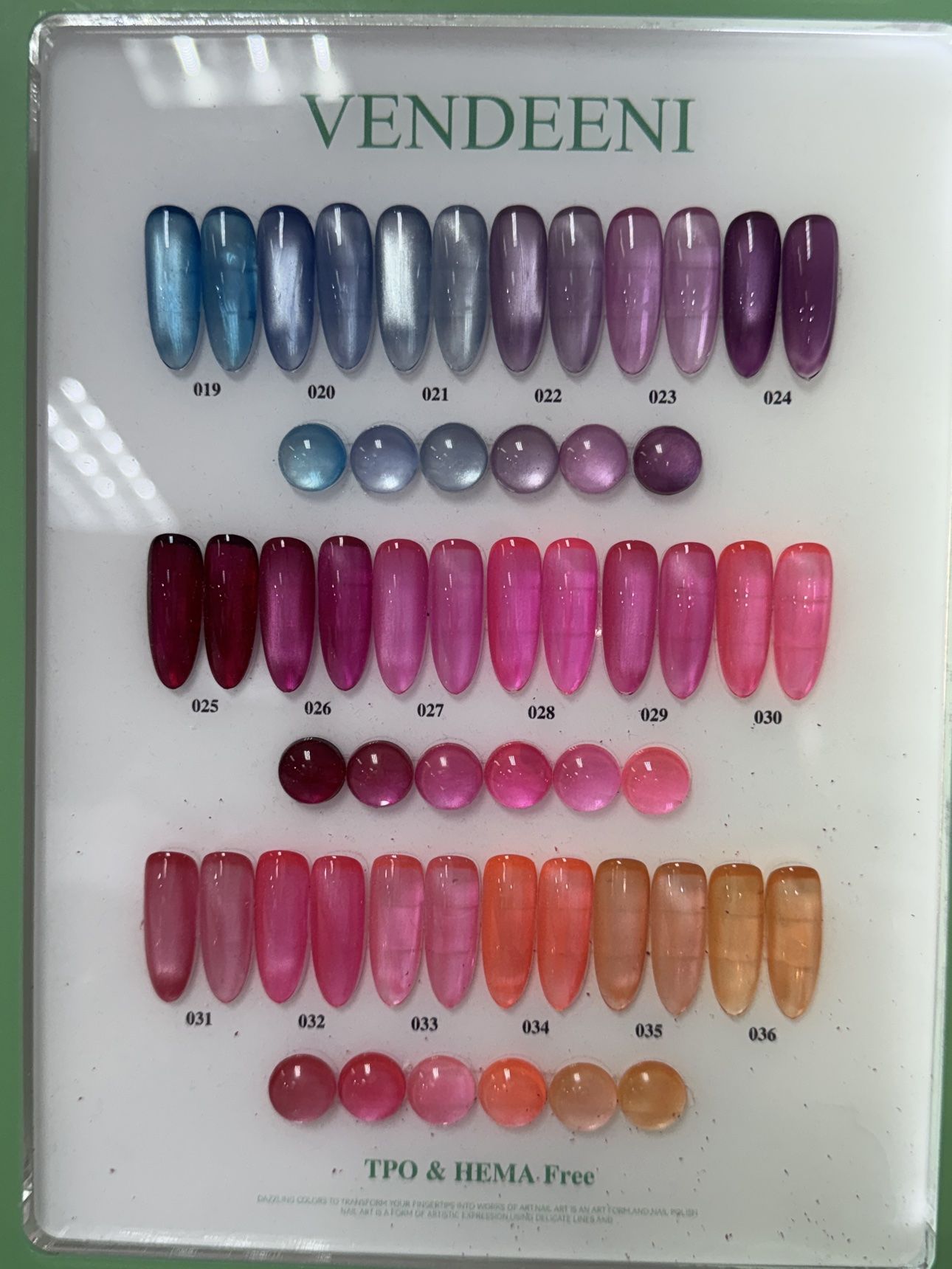 Vendeeni Cat Eye gel polish color chart, shades 019 to 036