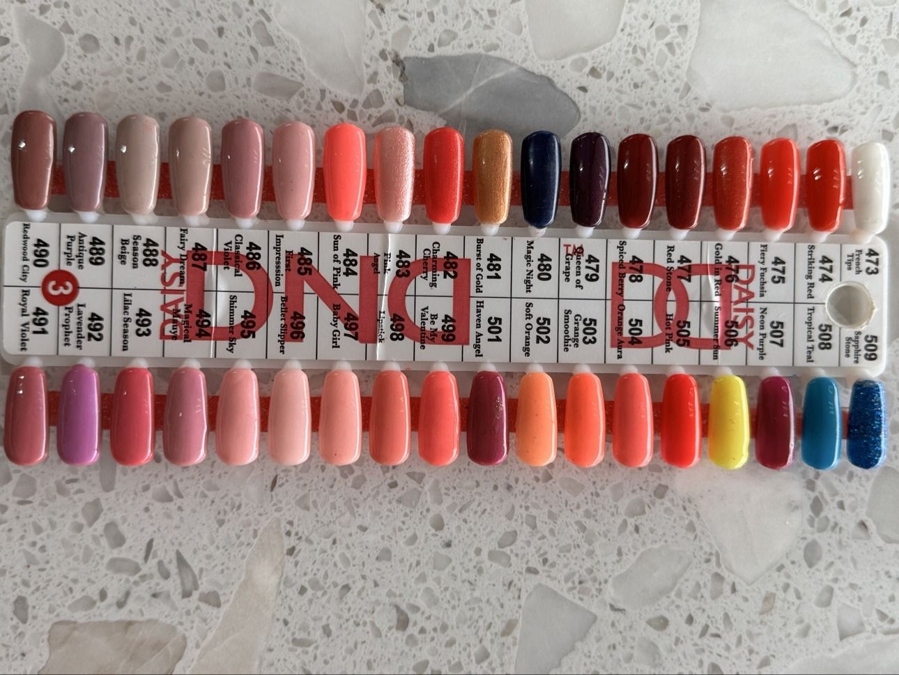 Daisy DND gel polish chart — Stick 3, shades 473 to 509