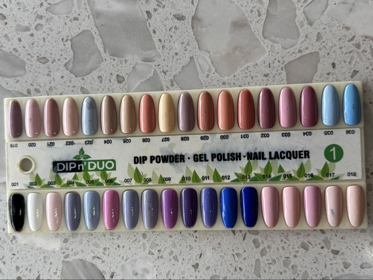 DIP n' DUO dip powder color chart — Stick 1, shades 001 to 036