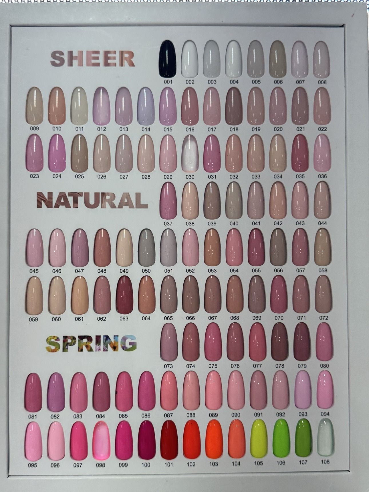 Solid Colors gel polish chart — Sheer shades 001 to 036, Natural shades 037 to 072, and Spring shades 073 to 108