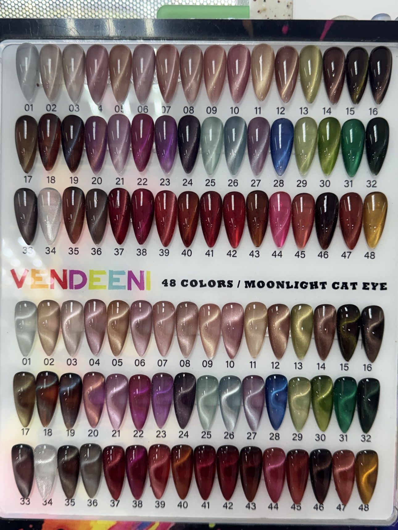 Vendeeni Moonlight Cat Eye gel polish color chart with 48 colors