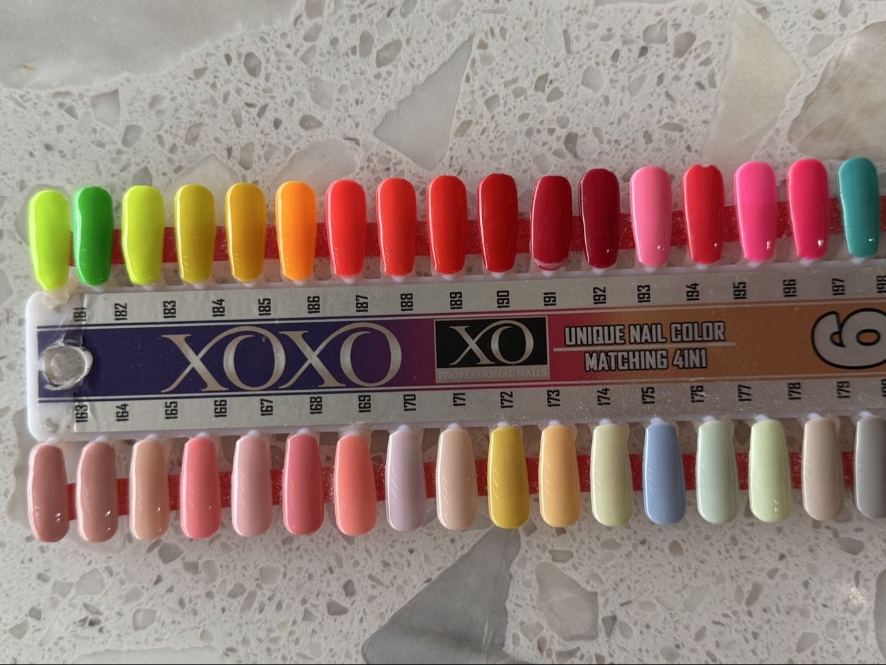 XOXO Unique Nail Color 4in1 chart — Stick 6, shades 163 to 198