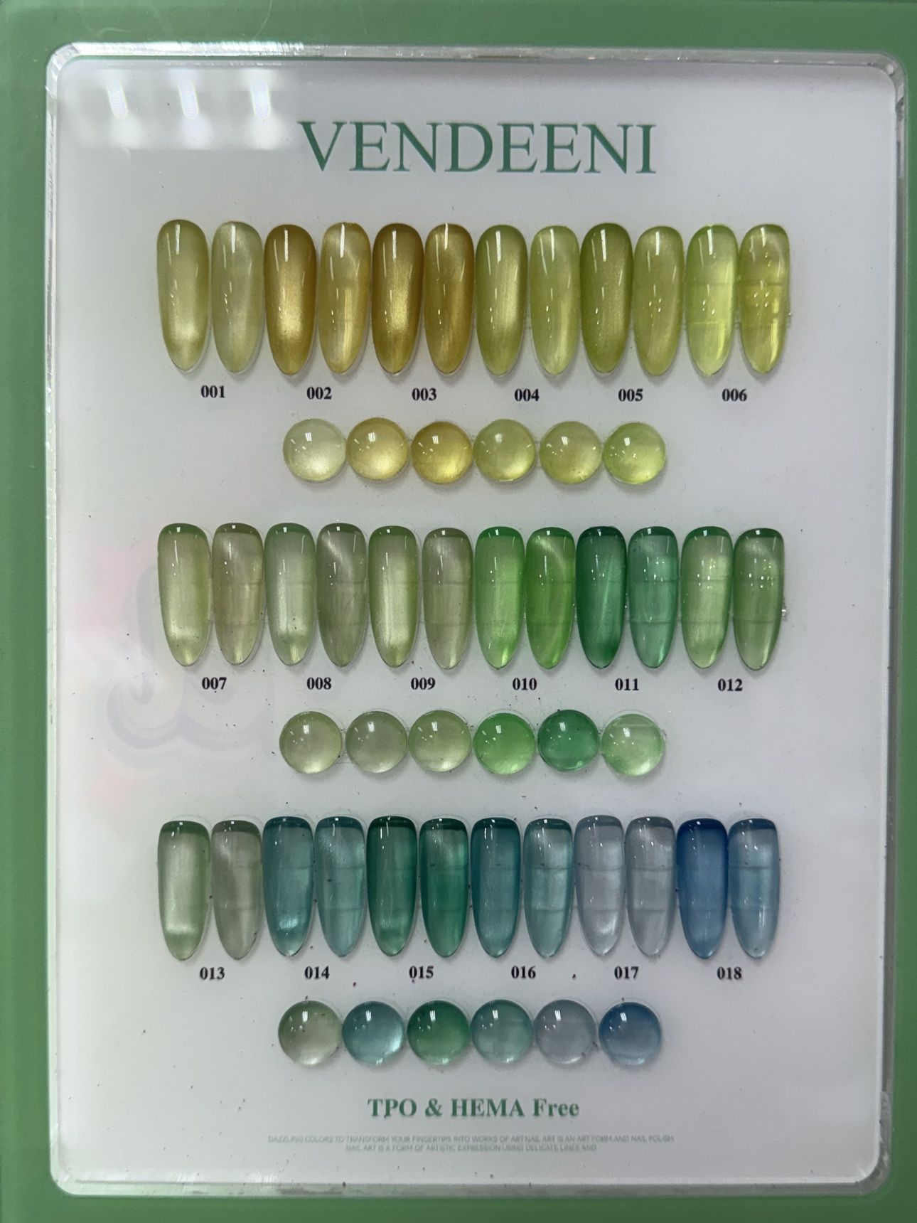 Vendeeni Cat Eye gel polish color chart, shades 001 to 018