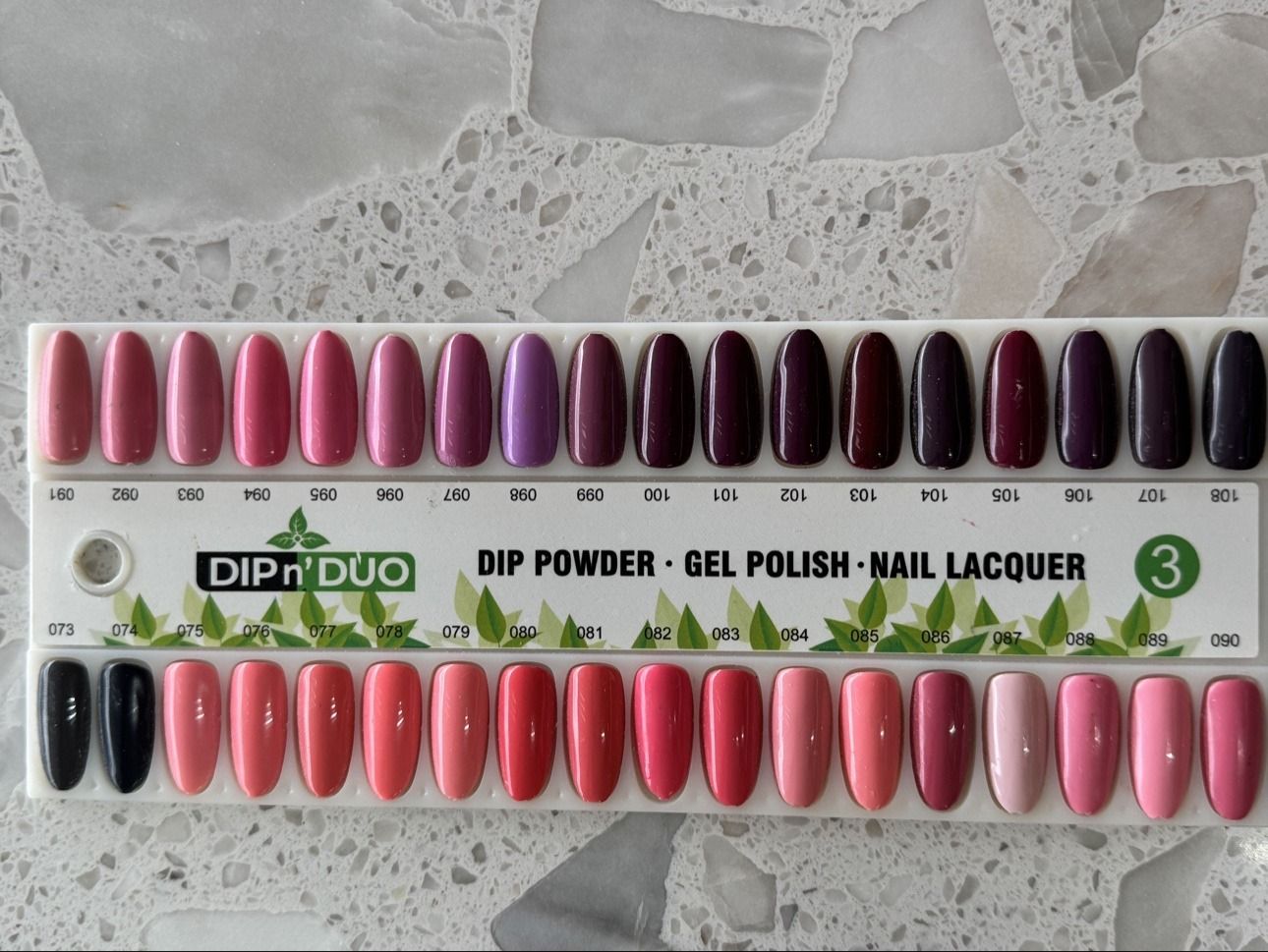 DIP n' DUO dip powder color chart — Stick 3, shades 073 to 108