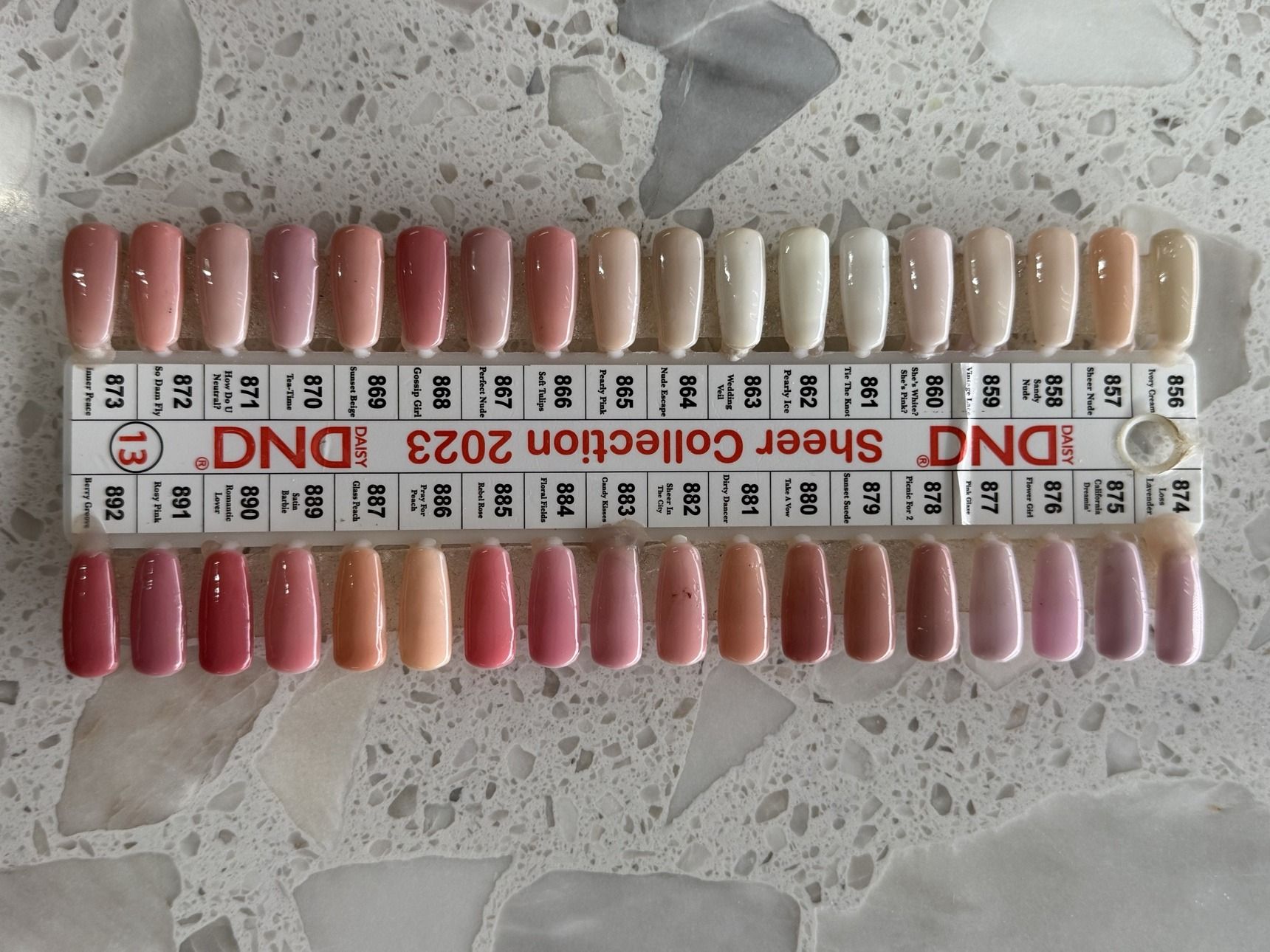 Daisy DND Sheer Collection 2023 gel polish chart — Stick 13, shades 856 to 892